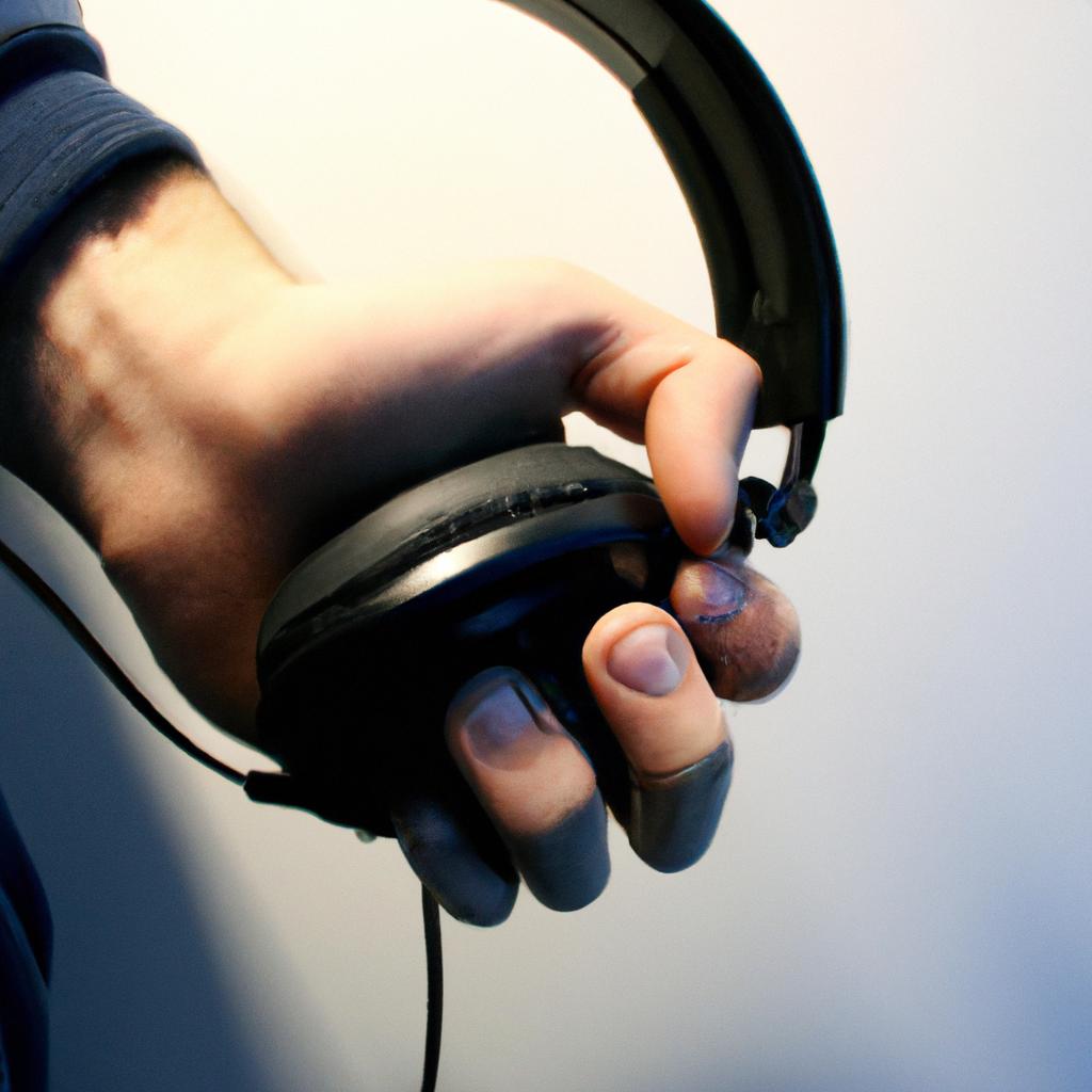 Person holding headphones, browsing music
