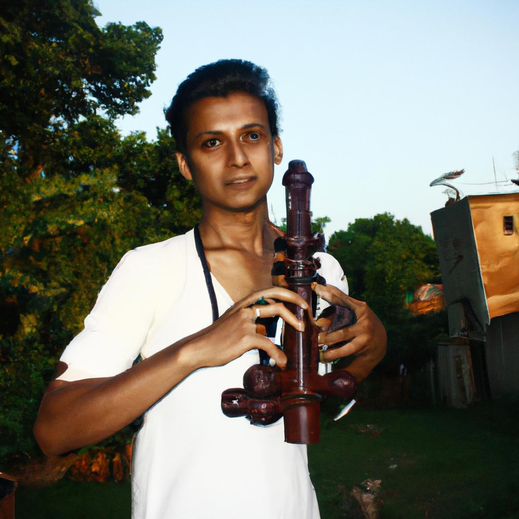 Person holding musical instrument, smiling