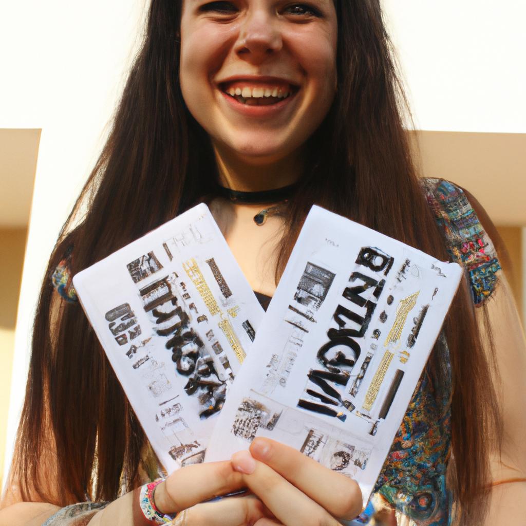 Person holding festival tickets, smiling