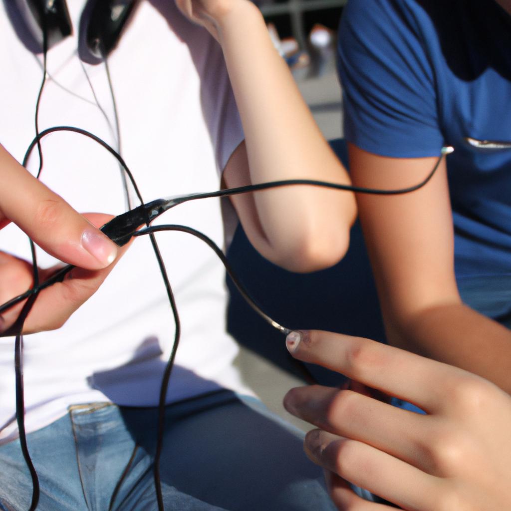 Person sharing headphones with friends